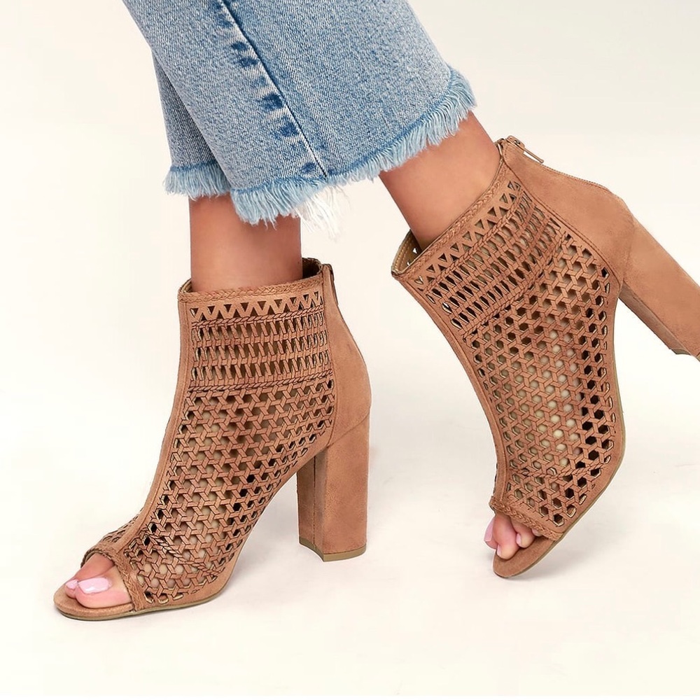 ⭐️Report Tan Suede Laser Cut Peep Toe Booties